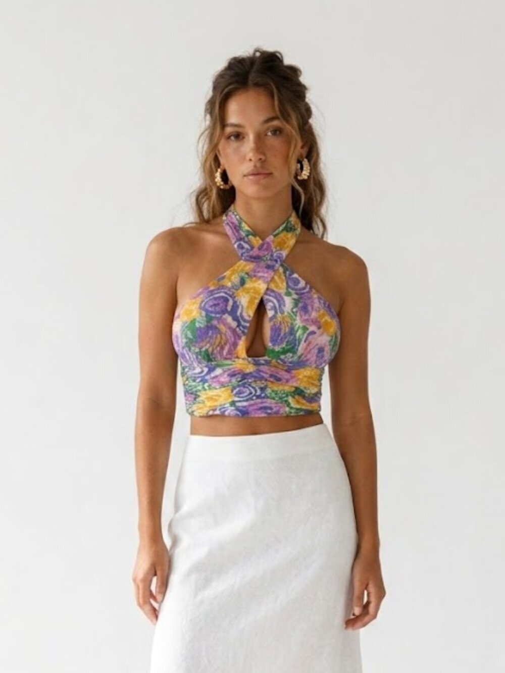 Zara Floral Halter Top Large Smocked Back Viscose Crop Boho Bright Print